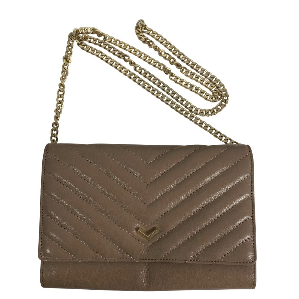 Botkier NY Taupe Leather Chevron Quilted Crossbody Wallet Gold Chain Strap
